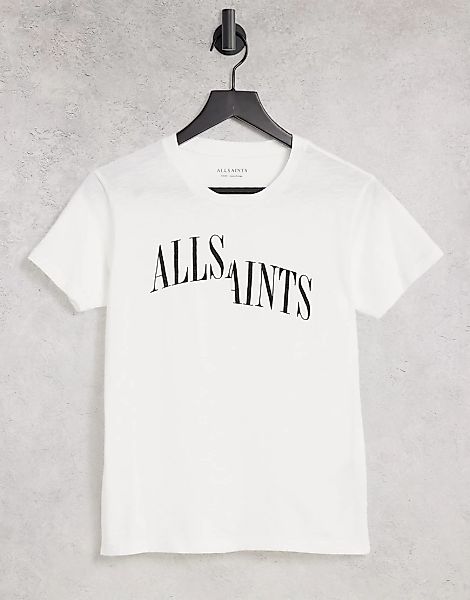 AllSaints – T-Shirt mit geteiltem Logo in Weiß günstig online kaufen