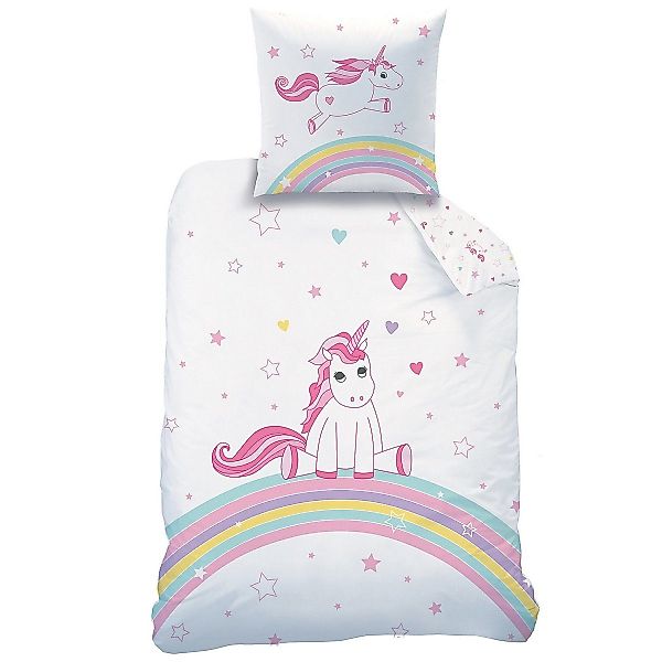 Familando Kinderbettwäsche mit Einhorn auf Regenbogen günstig online kaufen