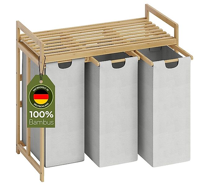 Bellamio Wäschekorb Newa aus Bambus (3 Fächer mit 1 Ablage, Hellgrau 150 L) günstig online kaufen