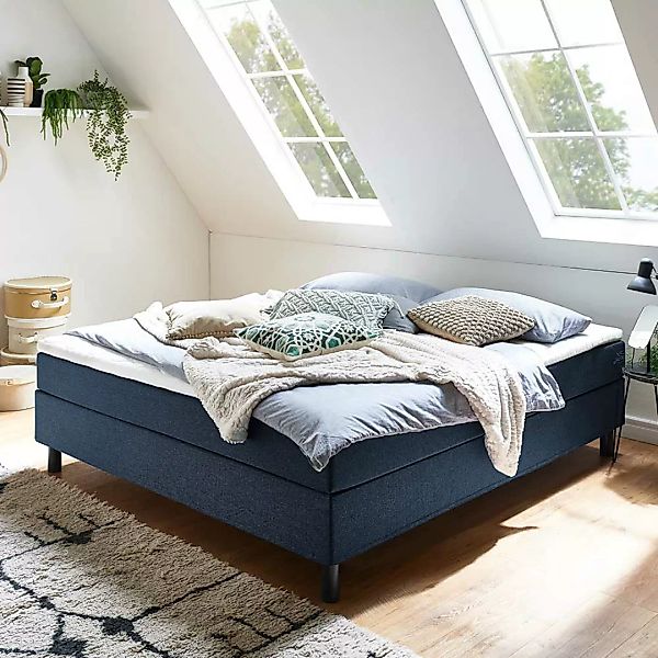 Boxspring Bett in Blau 62 cm Einstiegshöhe günstig online kaufen
