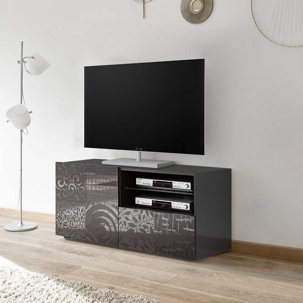 Design Wohnwand in Anthrazit Hochglanz Siebdruck verziert (dreiteilig) günstig online kaufen