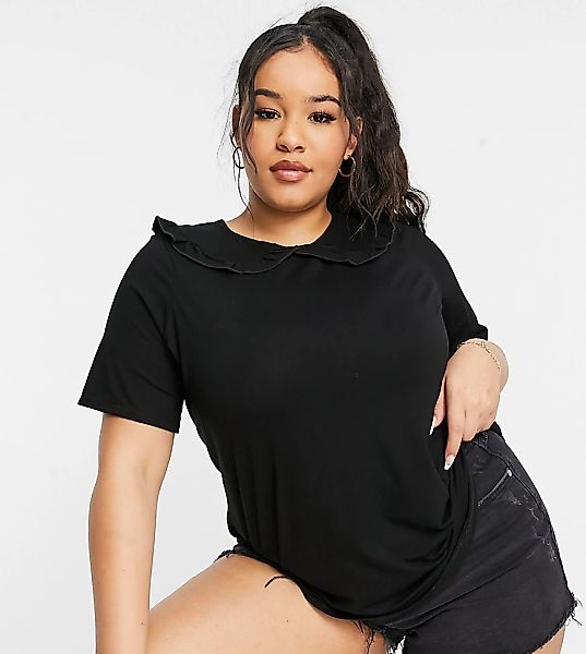 Yours – T-Shirt mit Oversize-Kragen in Schwarz günstig online kaufen