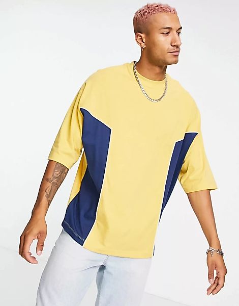 ASOS DESIGN – Oversize-T-Shirt mit Farbblockdesign in Senfgelb und Marinebl günstig online kaufen