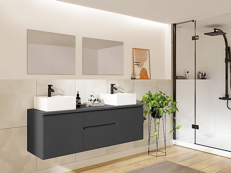 Waschbeckenunterschrank mit Doppelwaschbecken + Spiegel - Grau - 150 cm - J günstig online kaufen