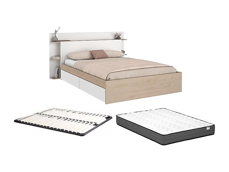 Bett mit 4 Schubladen + Lattenrost + Matratze - 140 x 190/200 cm - Holzfarb günstig online kaufen