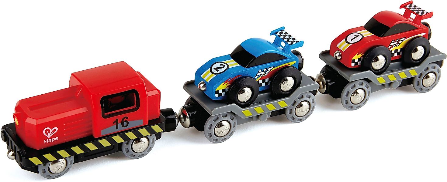 Hape Spielzeug-Eisenbahn Rennwagen-Transporter günstig online kaufen