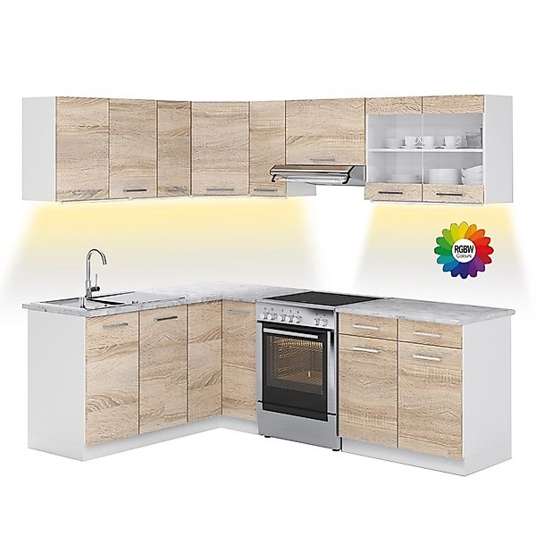 Vicco Rick Eckküche Weiß/Sonoma 227 x 167 cm AP Marmor mit LED-LeistenRick günstig online kaufen