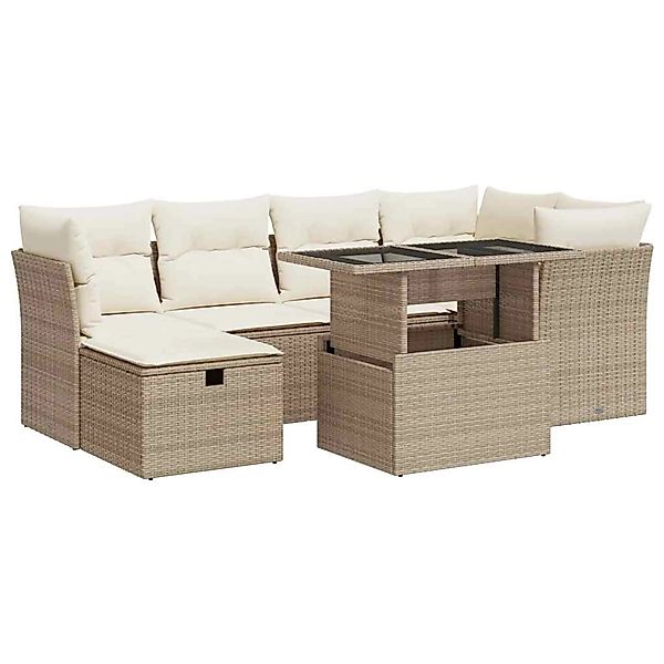 vidaXL 7-Tlg Garten-Sofagarnitur mit Kissen Beige Poly Rattan 3327778 günstig online kaufen