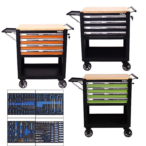 TRUTZHOLM Werkstattwagen 4 Schubladen Bestückt Massivholzplatte Schwarz günstig online kaufen