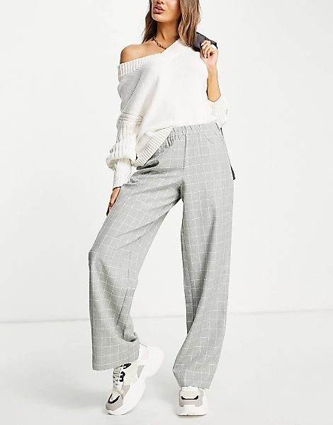 Selected Femme – Hose mit weitem Bein und elastischem Bund in Grau kariert, günstig online kaufen