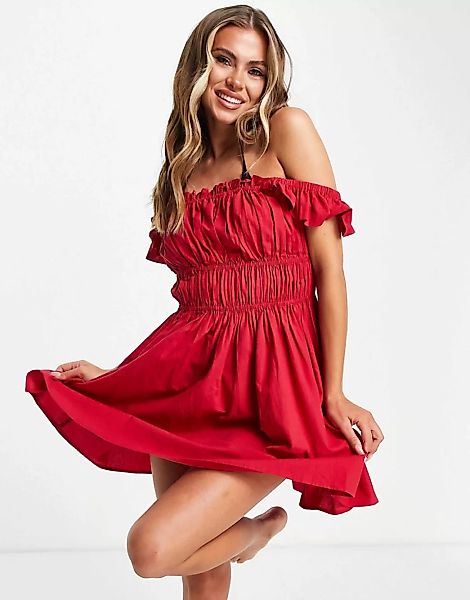 ASOS DESIGN – Gerafftes Strandkleid im Milchmädchenstil in Rot günstig online kaufen