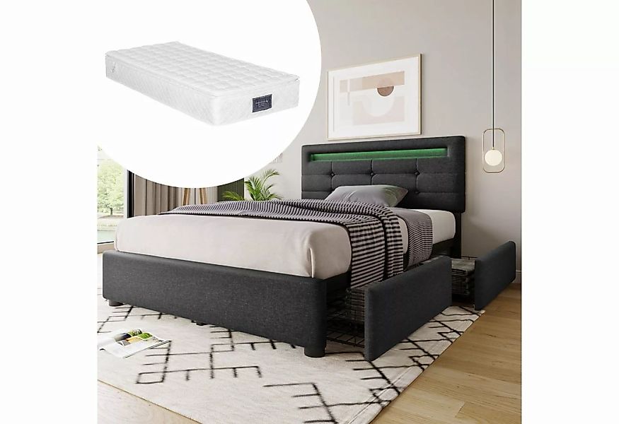 WISHDOR Polsterbett Doppelbett mit Schubladen LED Leuchte (90 x 200 cm Inkl günstig online kaufen