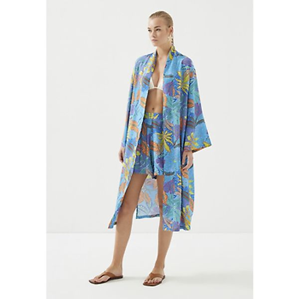 Just Like You  Strickjacken Blauer Kimono mit Blattmuster und Gürtel günstig online kaufen
