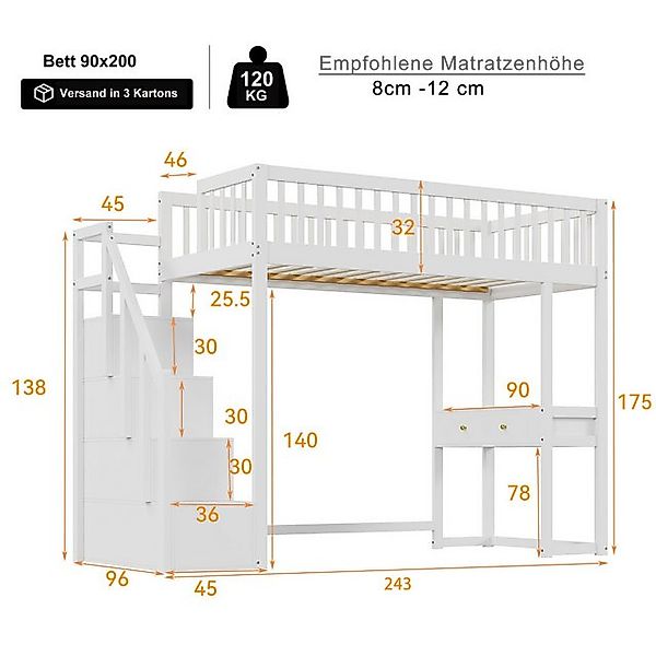 Flieks Hochbett Massivholz Kinderbett 90x200cm mit Tisch und Stauraumtreppe günstig online kaufen