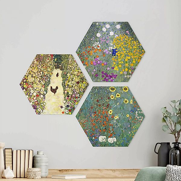 3-teiliges Hexagon-Alu-Dibond Bild Gustav Klimt - Im Garten günstig online kaufen