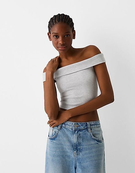 Bershka T-Shirt Mit Kurzen Ärmeln Und Bardot-Ausschnitt Damen S Grau günstig online kaufen