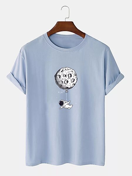 Herren 100% Baumwolle Moon & Astronaut Print Lose dünne O-Ausschnitt T-Shir günstig online kaufen
