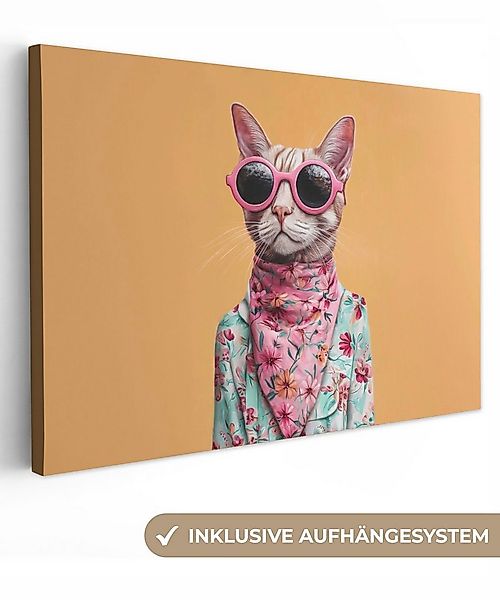 OneMillionCanvasses® Leinwandbild Sonnenbrille - Katze - Halstuch - Blumen, günstig online kaufen
