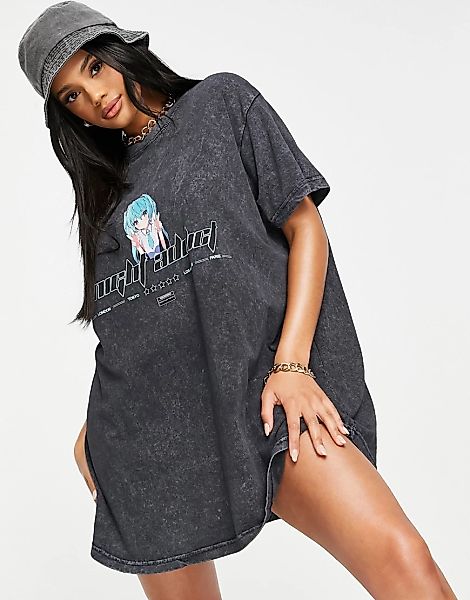 Night Addict – Bedrucktes Oversized-T-Shirt-Kleid-Schwarz günstig online kaufen