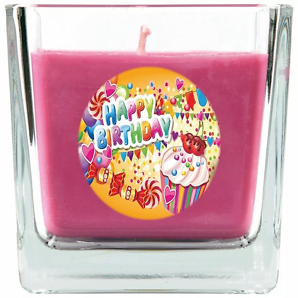 HS Candle Duftkerze & Glas Happy Birthday Viereck Lavendel Cupcake günstig online kaufen