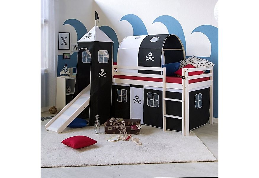 Homestyle4u Hochbett 90x200 cm Kinderbett Weiß mit Vorhang Kinder Treppe Ki günstig online kaufen
