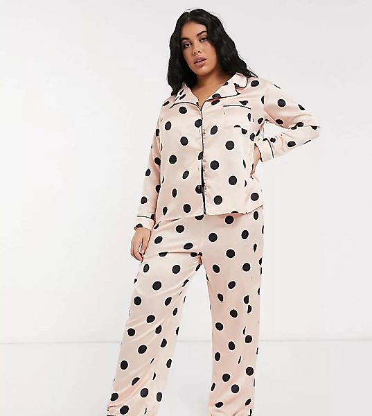 New Look Curve – Satin-Pyjama in Rosa gepunktet günstig online kaufen