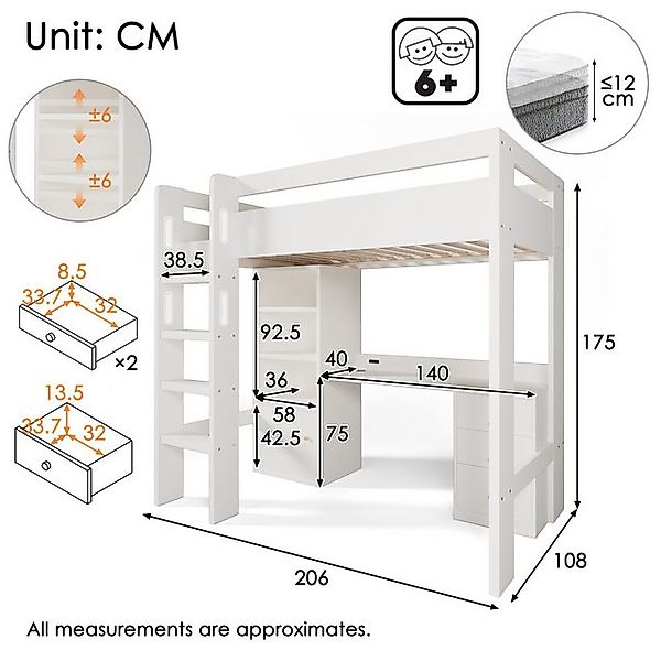 Ulife Hochbett Kinderbtt mit USB-C Schreibtisch, Kleiderschrank und Aktensc günstig online kaufen