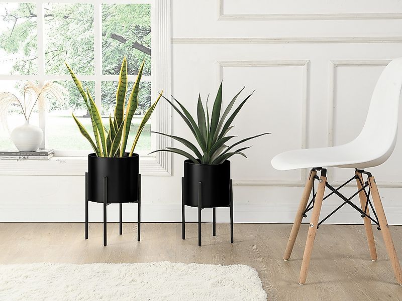 2er-Set - Übertöpfe mit Gestell - Metall - 25 x 39 & 23 x 35,5 - Mattschwar günstig online kaufen