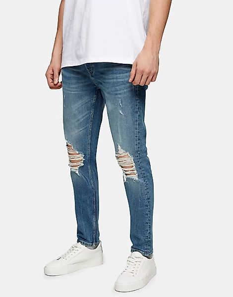 Topman – Zerrissene Stretch-Jeans aus Bio-Baumwollmix in mittlerer Waschung günstig online kaufen