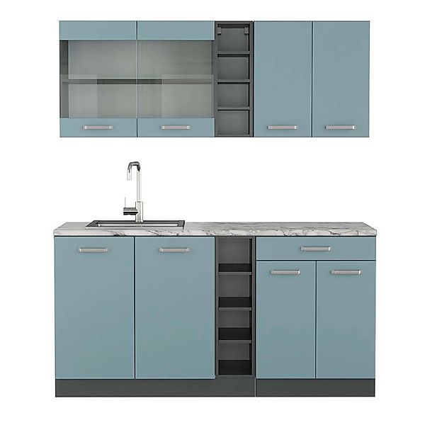 Vicco R-Line Singleküche Blau-Grau/Anthrazit 160 cm AP Marmor günstig online kaufen