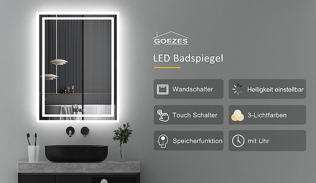 WDWRITTI Badspiegel LED 50x70 mit Uhr günstig online kaufen