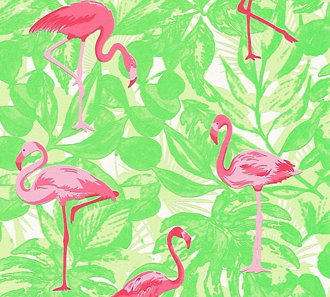 Bricoflor Tropical Tapete in Grün Pink Neon Vliestapete mit Flamingo in Hel günstig online kaufen