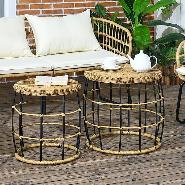 Outsunny Rattan Beistelltisch 2er-Set stapelbar Couchtisch Khaki für Garten günstig online kaufen