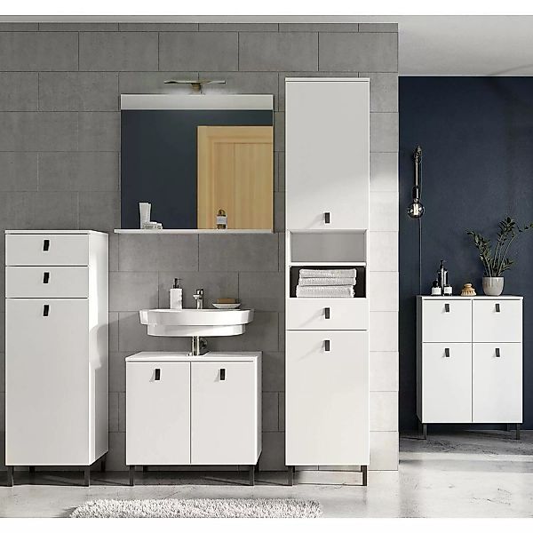 Badezimmer Komplett Set in weiß mit Spiegel und LED Beleuchtung TUDELA-01, günstig online kaufen