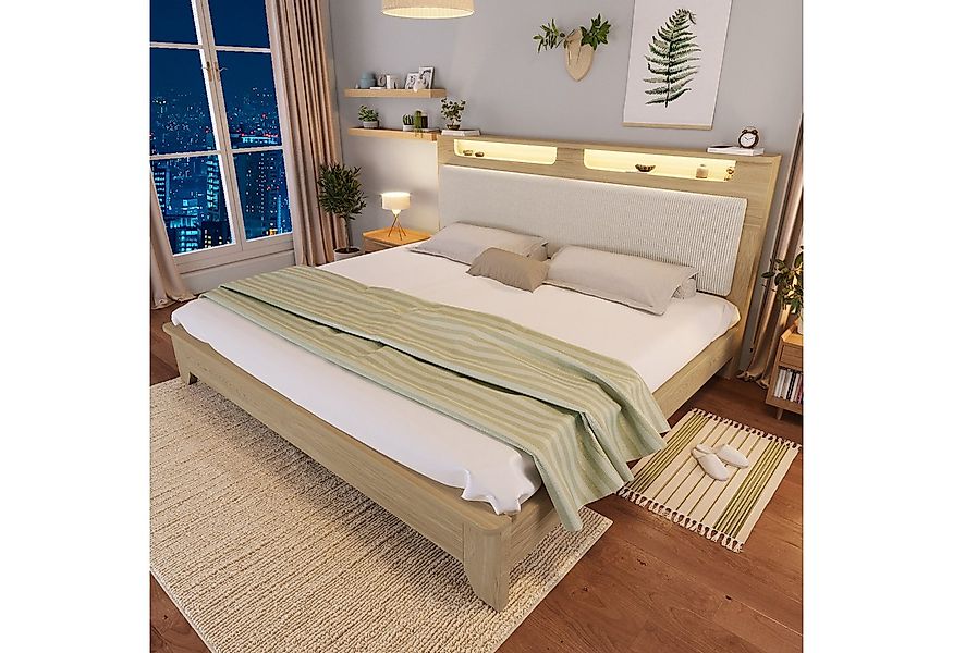 HAUSS SPOLE Holzbett 140×200cm, Kopfteil mit Stauraum, LED-Beleuchtung Hell günstig online kaufen