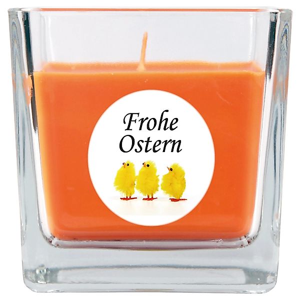 HS Candle Duftkerze & Glas Frohe Ostern Viereck 8 x 7,5cm Honigmelone Küken günstig online kaufen