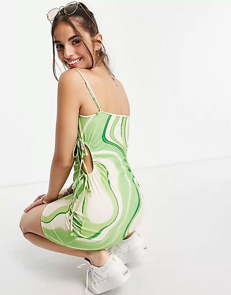 ASOS DESIGN – Mini-Riemchenkleid in Grün mit Zierausschnitt und abstraktem günstig online kaufen