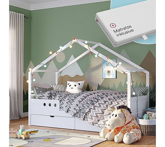 Bellabino Hausbett Bela 90x200 cm aus Massivholz Kiefer (weiß mit 1 Schubla günstig online kaufen