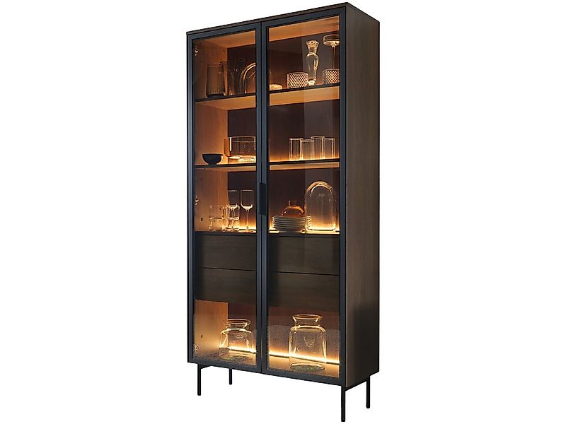 yourhouse24 Glasvitrine LUMI mit Schubladen & LED – Eiche Dunin oder Kaschm günstig online kaufen