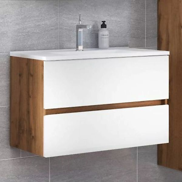 Lomadox Badezimmer Waschtisch 80 cm in Wotaneiche Nb. mit matt weiß LOUROSA günstig online kaufen