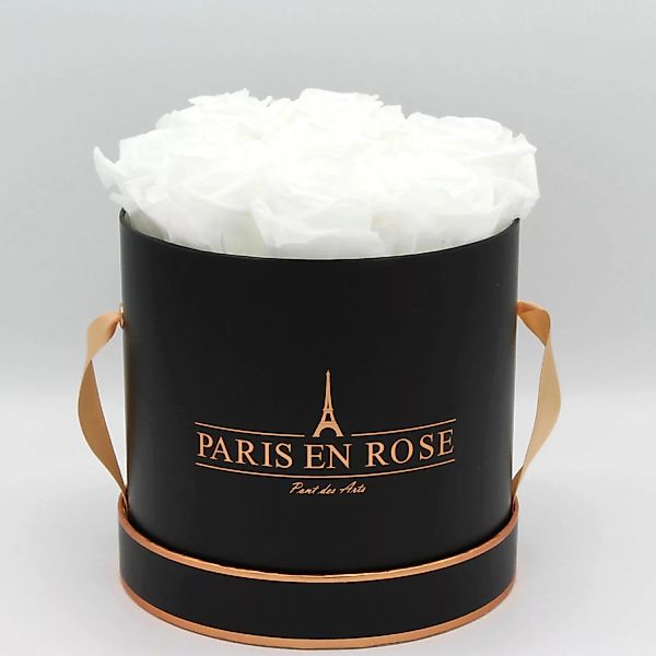 Rosenbox Ø 14,5 cm Schwarz-Roségold mit 9 Weißen Rosen günstig online kaufen