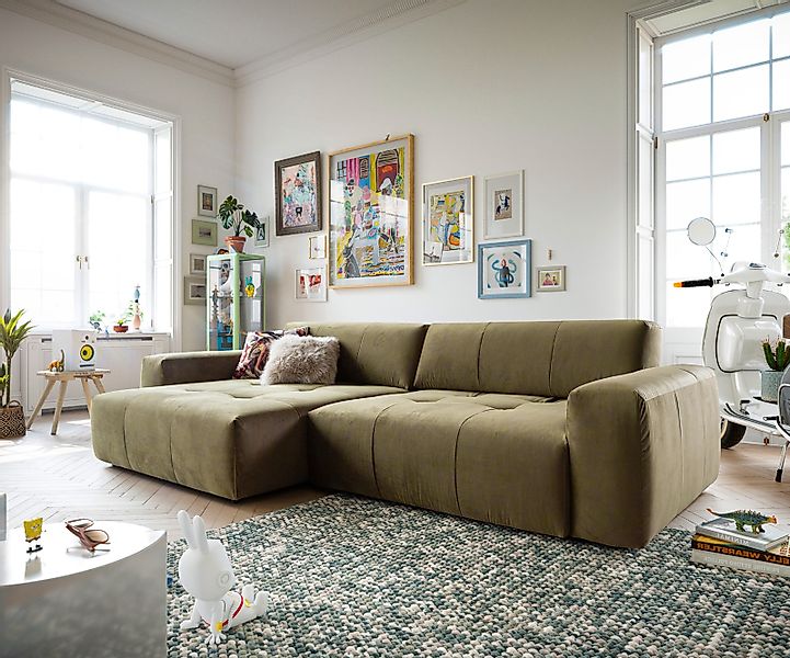Ecksofa Lazaro 300x160 cm Samt Olive Ottomane links mit Sitztiefenverstellu günstig online kaufen