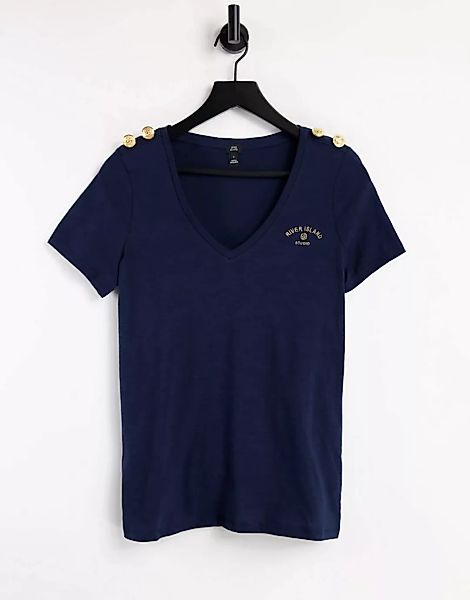River Island – T-Shirt mit Knopf an den Ärmeln und V-Ausschnitt in Marinebl günstig online kaufen