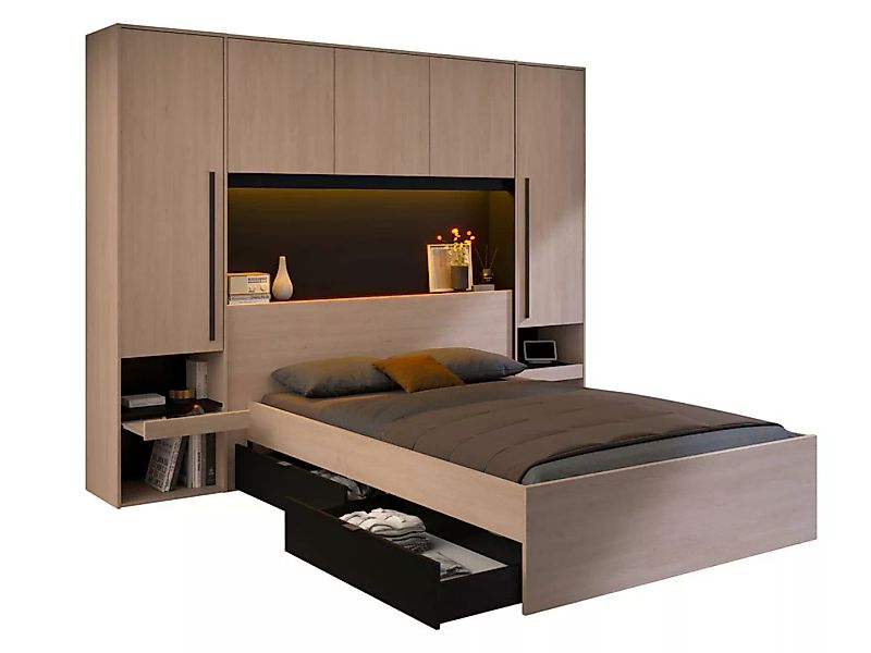 Bett mit Stauraum & LEDs - 140 x 190 cm - Naturfarben & Schwarz - VELONA günstig online kaufen