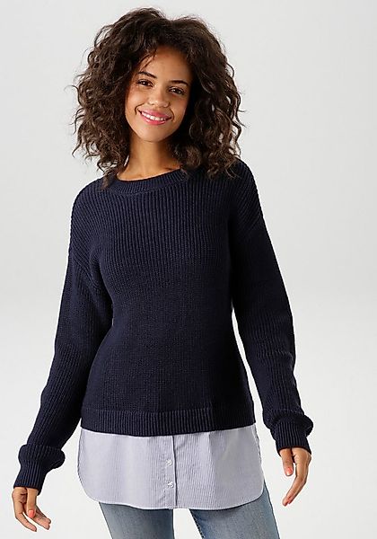 Aniston CASUAL Strickpullover mit gestreiftem Bluseneinsatz am Saum günstig online kaufen