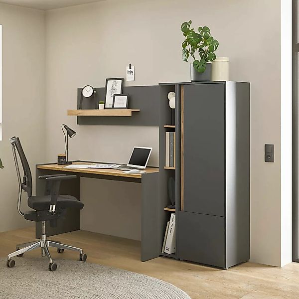 Büromöbel Set anthrazit mit Eiche CRISP-61 modern 4-teilig mit Schreibtisch günstig online kaufen