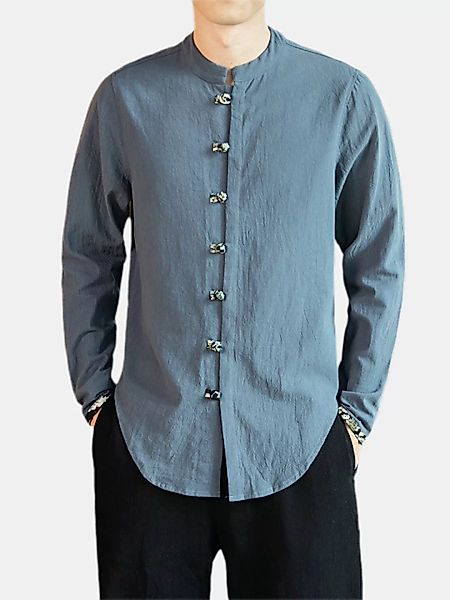 Mens Chinese Style Cotton Leinen Langarm Plain Casual Shirts günstig online kaufen