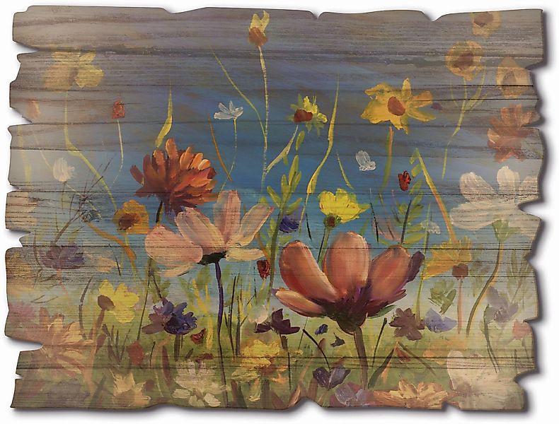 Artland Holzbild "Wildblumenwiese blauer Himmel", Pflanzen- & Blumenbilder, günstig online kaufen