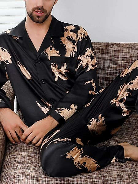 Männer Satin Chinese Dragon Print Pyjama Set Patched Sleeve Glatte Atmungsa günstig online kaufen