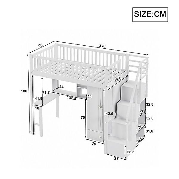 Odikalo Jugendbett Kinderbett Hochbett mit Kleiderschrank Regal Tisch Trepp günstig online kaufen